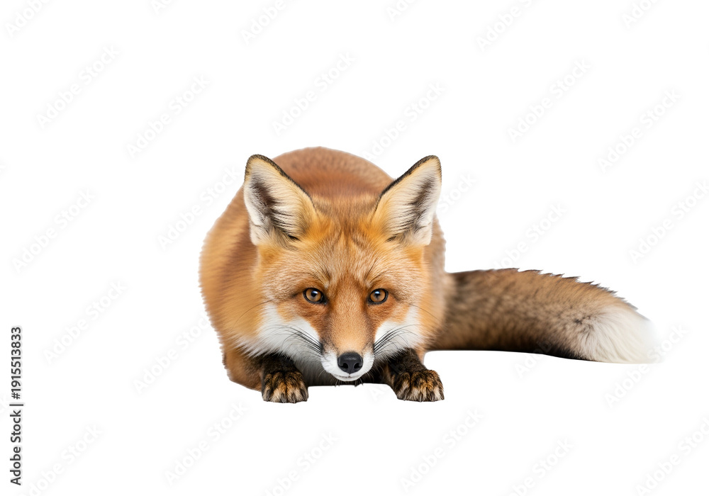 Obraz premium Calm Red Fox Lying Down on White Background