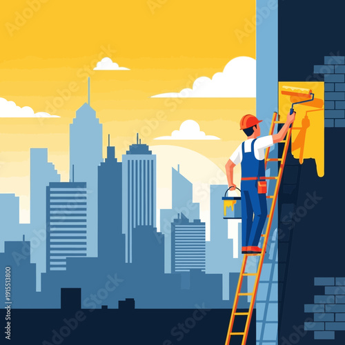 Urban Renewal Project Painter Revitalizing Cityscape Facade With Yellow Paint