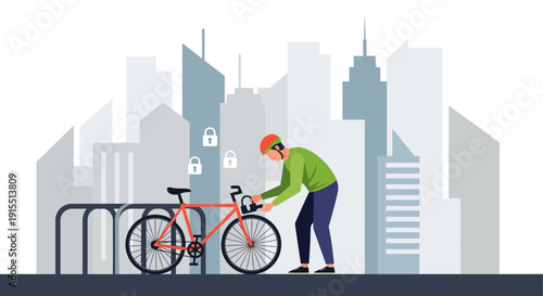 Urban Cyclist Secures Bicycle Safely Amidst Cityscape With Locks