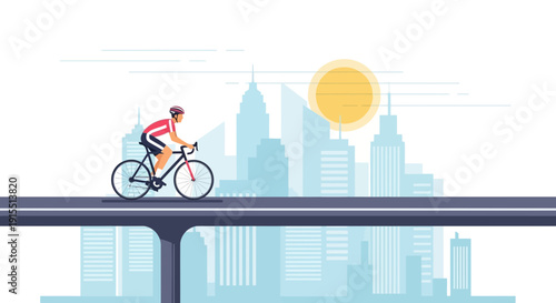 Urban Cyclist Riding Bicycle Above Cityscape At Sunrise