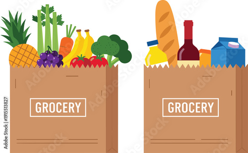 Paper Grocery Bags Full of Fresh Produce and Food Products Flat Vector Illustration