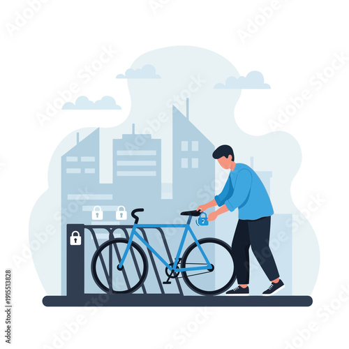 Urban Cyclist Securing Bicycle At City Bike Rack For Safe Commute