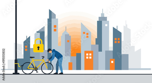 Urban Cyclist Securing Bicycle With Padlock Against Cityscape Background
