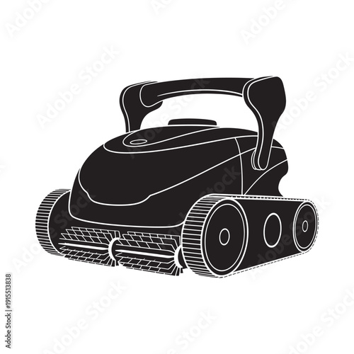 Silhouette of a robotic pool cleaner with wheels and a handle isolated on a white background