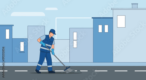 Urban Sanitation Worker Sweeping City Street Cleanliness Effort