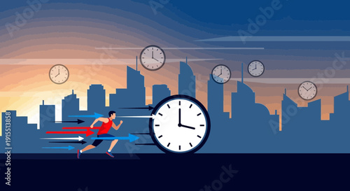 Urban Runner Chasing Time Amidst Cityscape And Clocks