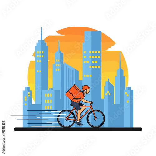 Urban Delivery Cyclist Navigates Skyline Fast Service Modern Cityscape
