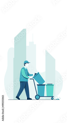 Urban Sanitation Worker Collecting Waste In City Skyline Environment