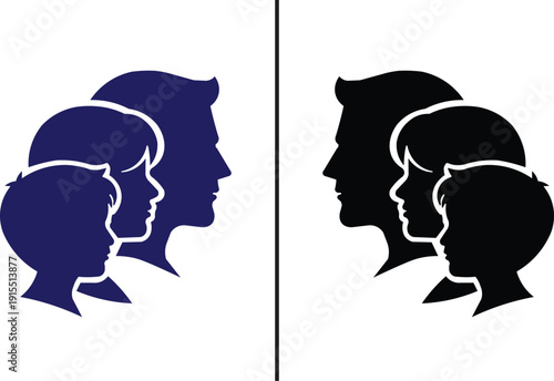 Family Silhouette Profile – Dual Color Variations of Mother, Father, and Child Heads in Minimalist Line Art Design for Family Branding, Logos, and Relationship Projects