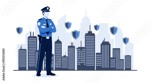Urban Sentinel Protecting Cityscape with Shield Icons