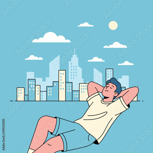 Urban Serenity A Man Relaxes Enjoying Cityscape Views