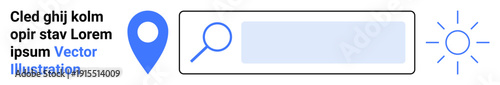 Online navigation, user interface, search functionality, location services, app design, digital tools. Image shows a search bar with a pin, magnifying glass and sun icon. Online navigation and user