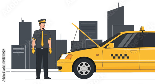 Urban Taxi Driver With Broken Down Vehicle In City