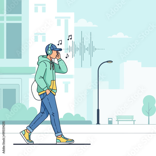 Urban Explorer Immersed In Soundscapes While Walking Through A Vibrant Cityscape