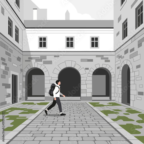 Urban Explorer Navigates Historic Courtyard Pathways With A Backpack