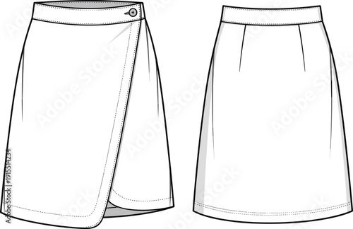 Women’s skirts technical flat sketch, front view, back view, wrap skirt, A-line skirt, waistband, pleats, darts, curved hemline, garment construction, apparel design, vector illustration