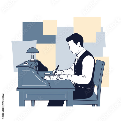 Vintage Gentleman Writing At An Old Fashioned Desk