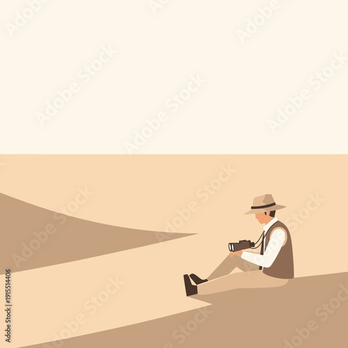 Vintage Photographer Exploring Arid Desert Landscape Capturing Nature's Serenity