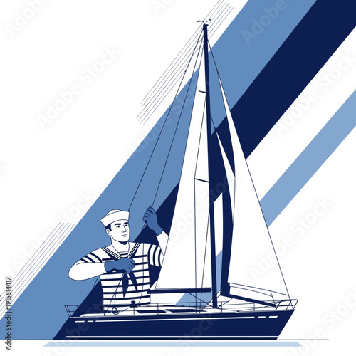 Vintage Sailor Adjusting Yacht Sails Nautical Adventure Illustration