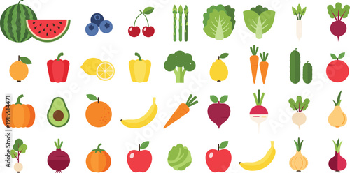 Flat Design Fruit and Vegetable Icon Set with Healthy Organic Food Elements Collection