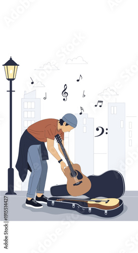 Urban Musician Preparing For A Street Performance With Acoustic Guitars