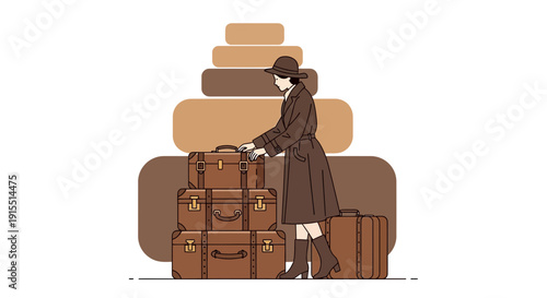 Vintage Travel Woman With Stack Of Old Luggage Bags Ready For Journey