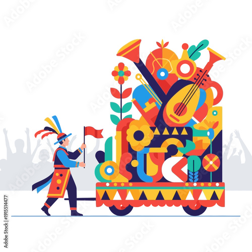 Vibrant Festival Parade Float With Musician Leading A Joyful Celebration