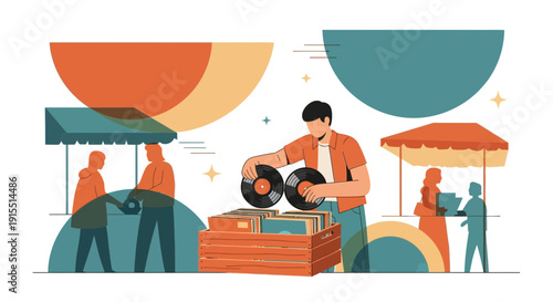 Vinyl Record Enthusiast Browsing Market Finds Vintage Music Albums