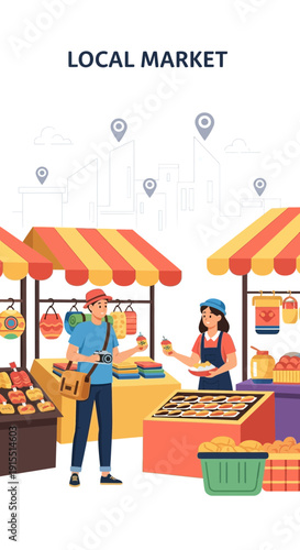 Vibrant Local Market Scene With Diverse Stalls And Shoppers Shopping Outdoors