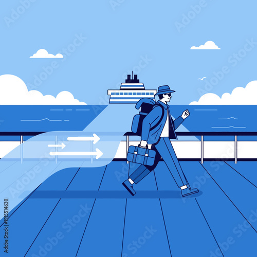 Voyage Journey Departure With Luggage And Cruise Ship Offshore