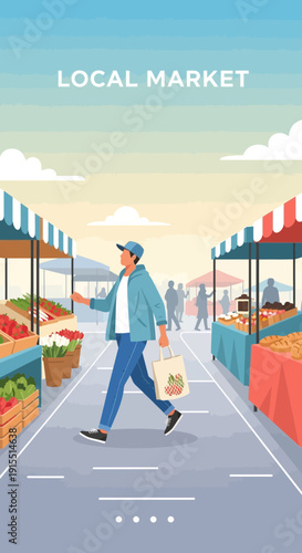 Vibrant Local Market Scene With Shopper Selecting Fresh Produce Healthy Lifestyle