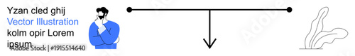 Decision making, balance, thought process, analysis, critical thinking, problem solving. Abstract with a thinking person, a balance line and organic shapes. Decision making and balance concept