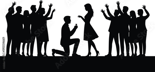 Silhouette of marriage proposal scene with cheering crowd, symbolizing love, engagement, celebration, romance, and relationships