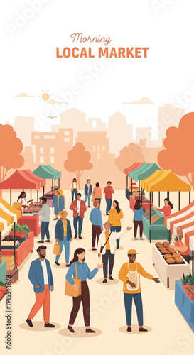 Vibrant Morning Local Market Scene With Diverse People Shopping Amongst Colorful Stalls