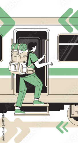 Voyager Ascends Train Carriage With Bulky Backpack Adventure Awaits Exploration Begins