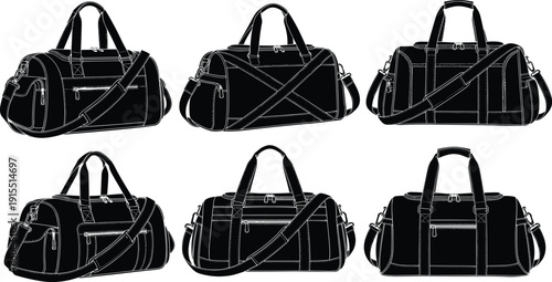 Black travel duffel bag collection isolated on white background, detailed sports gym luggage vector illustration set design