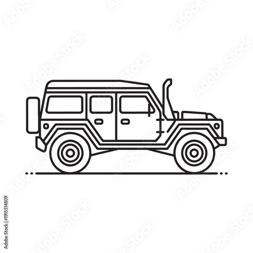 Black and white line drawing of a rugged off road vehicle with a roof rack and spare tire