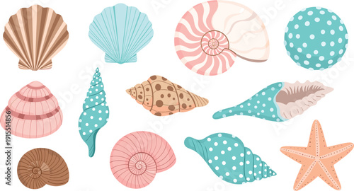 Coastal seashell vector set with polka dot patterns decorative ocean starfish and spiral shells for summer beach greeting cards and nautical decor.