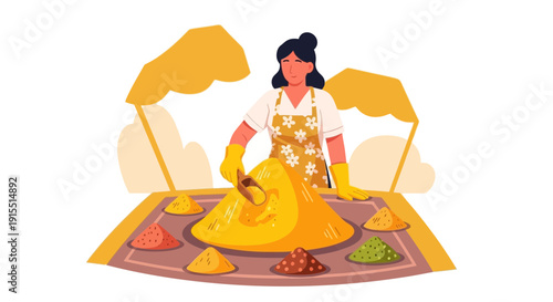 Vibrant Spice Stall Vendor Showcases Aromatic Powders