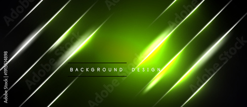 Dynamic neon lines over black background. Bright green dominates central area, creating futuristic feel. Modern design element.