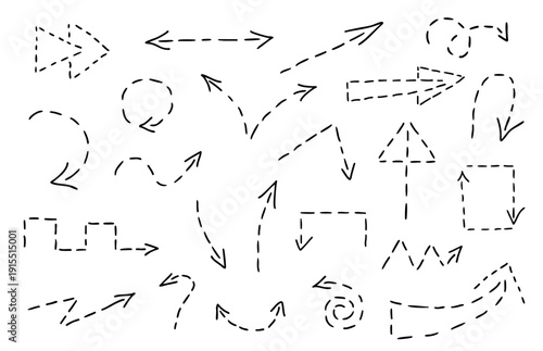 Set of black dotted line doodle hand drawn arrows isolated on white. Sketch style ink symbols collection. Vector illustration