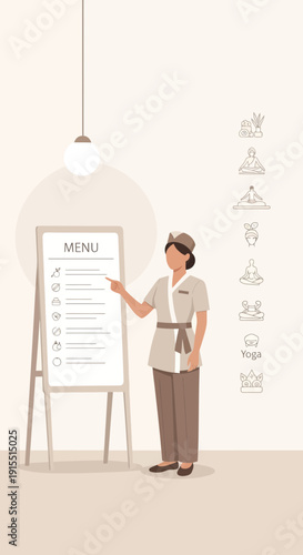 Wellness Professional Presenting Spa Menu With Yoga Poses Illustrated