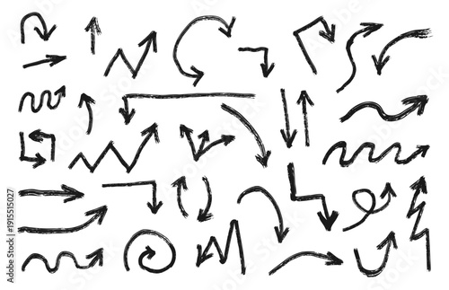 Set of black grunge doodle hand drawn arrows isolated on white. Sketch style ink symbols collection. Vector illustration