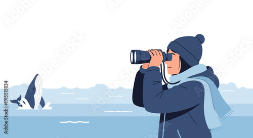 Whale Watching Adventure Enthusiast Observing Marine Wildlife With Binoculars