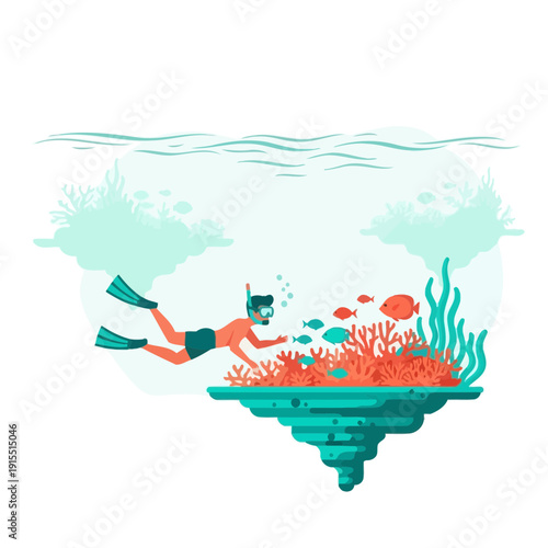 Vibrant Underwater Reef Exploration With A Solo Diver Discovering Marine Life