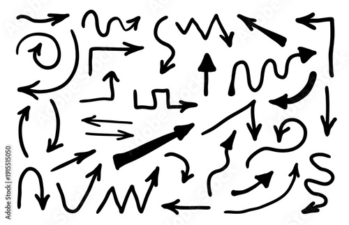 Set of black bold grunge doodle hand drawn arrows isolated on white. Sketch style ink symbols collection. Vector illustration