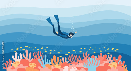Vibrant Underwater Scene With A Solo Diver Exploring A Colorful Coral Reef