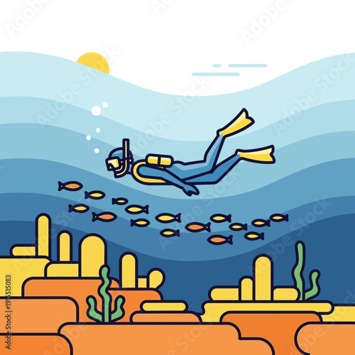 Vibrant Underwater Scene With Diver Exploring Coral Reef And School of Fish