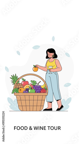 Vibrant Woman Enjoys Abundant Fresh Fruit Basket During Culinary Exploration