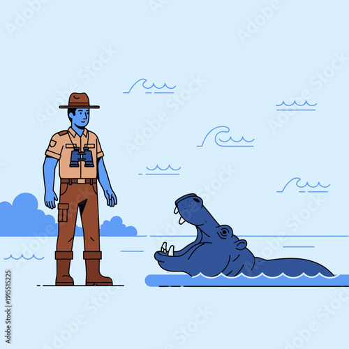 Wildlife Ranger Observing Hippo In Water With Open Mouth Safari Adventure Scene